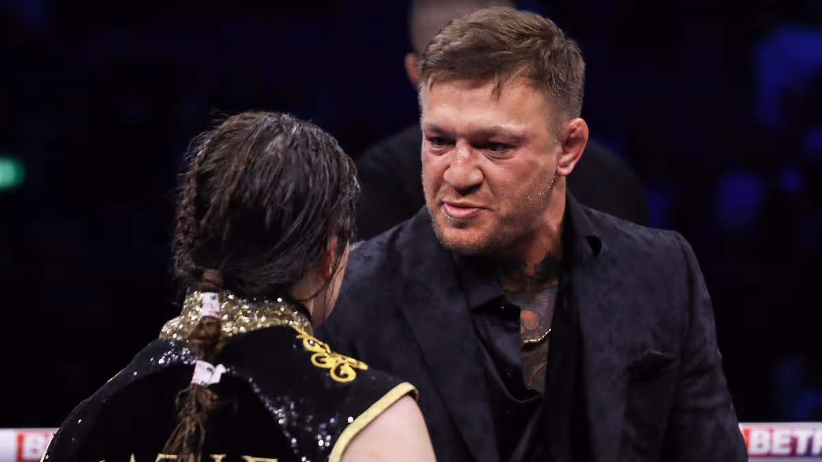 Conor McGregor reacts to Katie Taylor's Croke Park fight